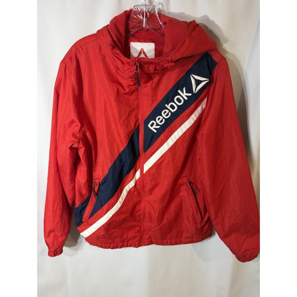Reebok Retro Jacket Men's MediumNeon Red Hood Fleece Lined Windbreaker Full Zip